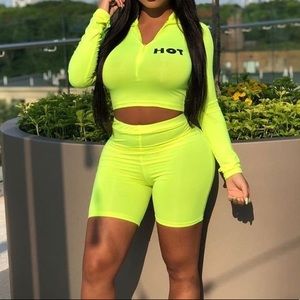 Neon Green Zip Up Crop And Leggings Shorts Set